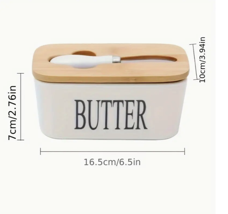 Large Ceramic Butter Dish with Bamboo Lid and Knife