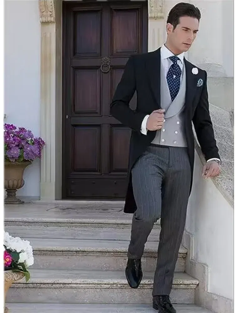 Color: black, Size: 5XL - Black Long Tail Blazer 3 Pieces Gentleman Male Suit Men's Fashion Groom Tuxedo for Wedding Party Prom Jacket Vest with Pants