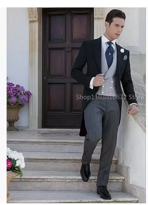 Color: black, Size: 5XL - Black Long Tail Blazer 3 Pieces Gentleman Male Suit Men's Fashion Groom Tuxedo for Wedding Party Prom Jacket Vest with Pants