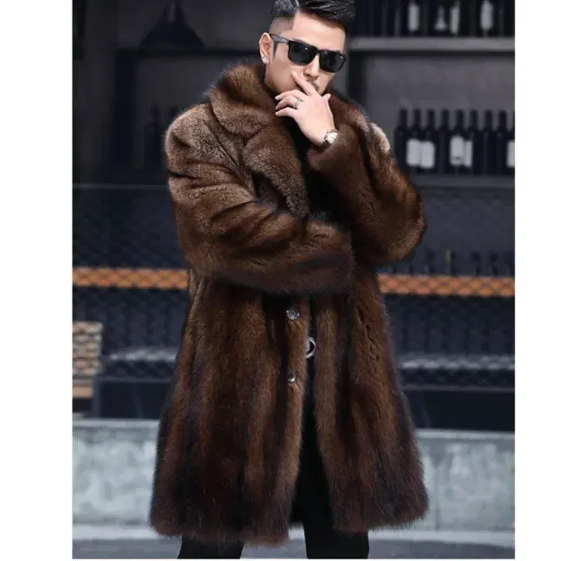 Color: Beige, Size: 5XL - Parker Men's Imitation Fur Liner Winter Warm New Fur One-piece Coat Imitation Mink Fleece Mid-length Fur Coat