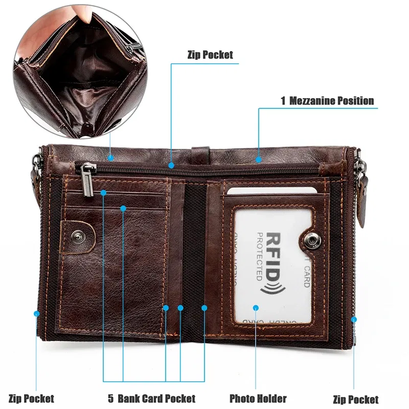 Color: Clear - Genuine Leather Short Men RFID Wallets Name Engraving Leather Card Holder Brand Men Purse Retro Coin Pocket Zipper Male Wallet