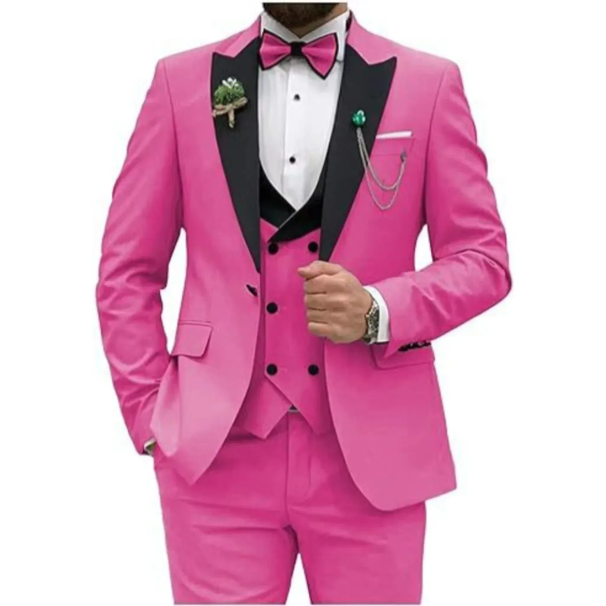 Color: Fuchsia, Size: 4XL - Men Suit Colorful Luxury Blazer Vest And Pant Sets 3 Piece Birthday Dress Business Prom Evening Party Costumes High Quality