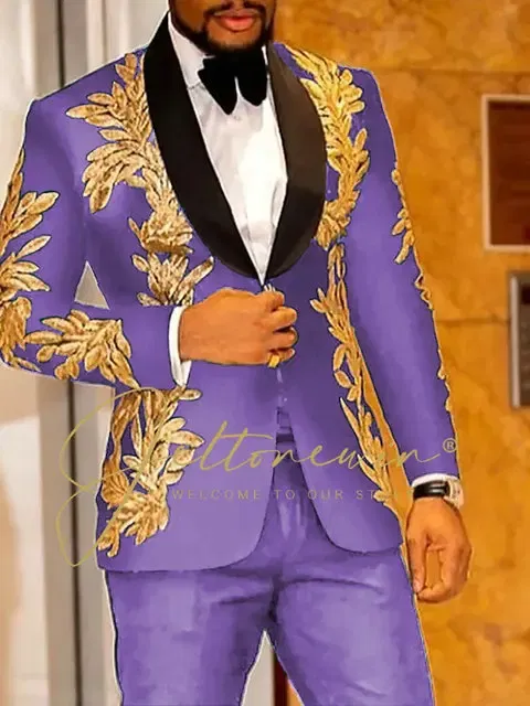 Color: Lavender, Size: 4XL - Luxury Groom Wedding Tuxedos Gold Sequins Appliques Black Men Suits Slim Fit Costume Homme Marriage Prom Suits