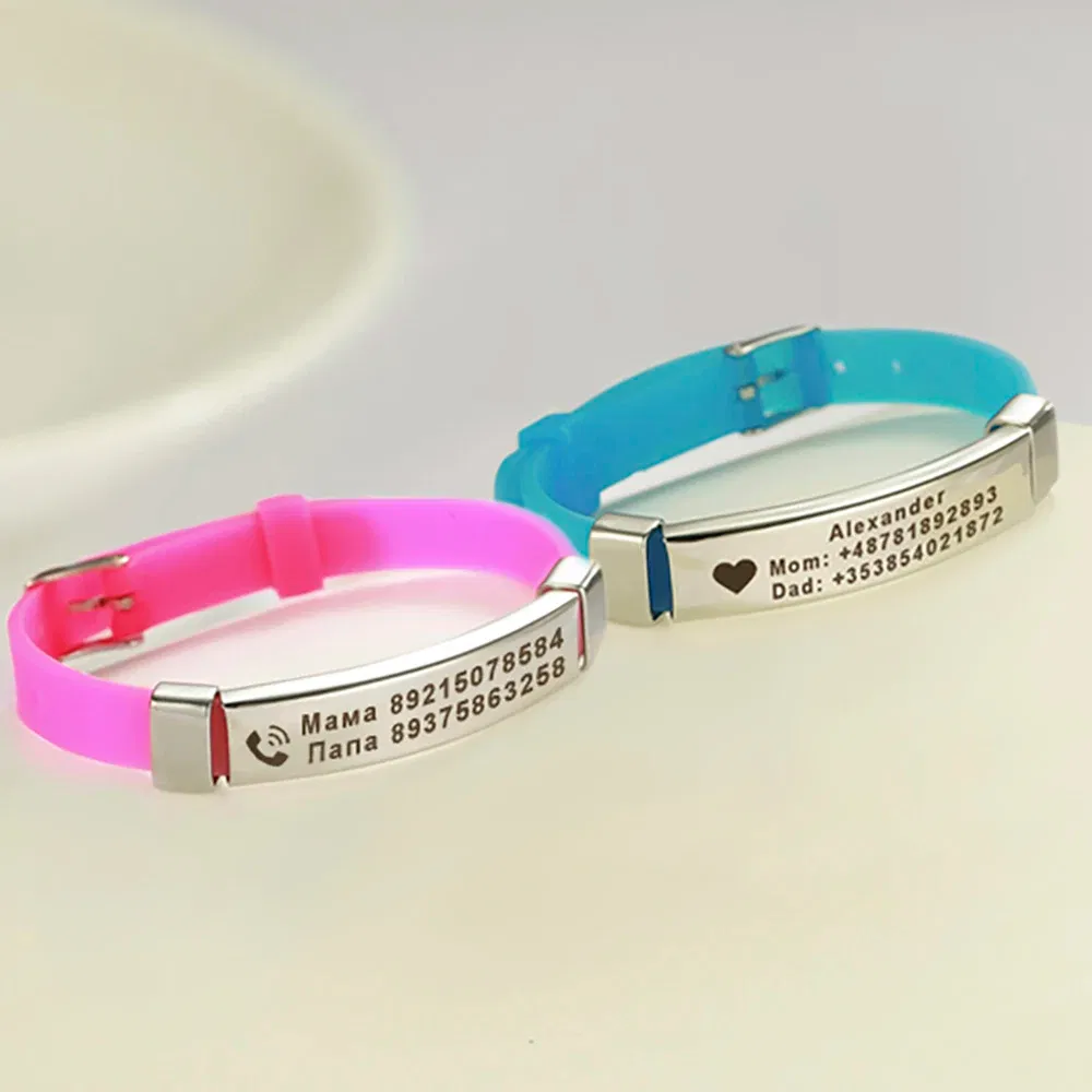 Metal Color: Green Dragonly, Length: 17cm - Personalized ID Bracelet Kids Children Adjustable Soft Silicone Stainless Steel Pendant Emergency Name Phone Custom Bracelets