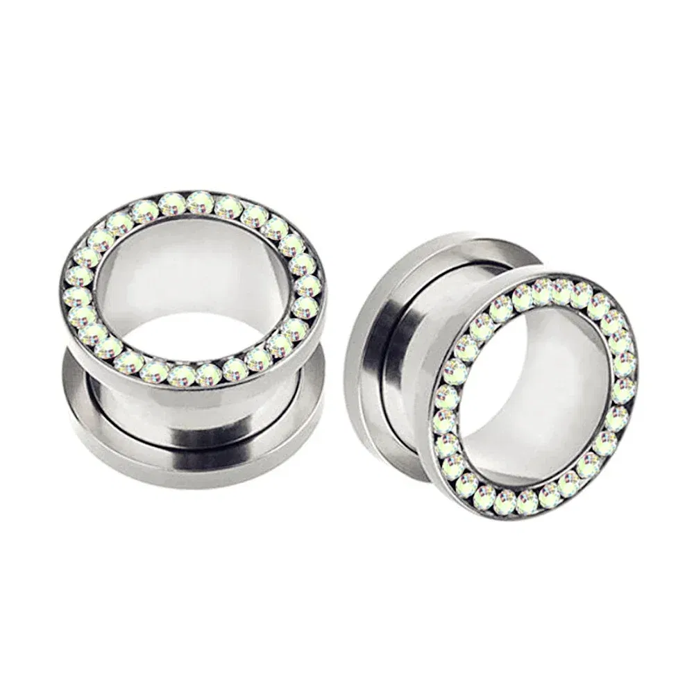 Metal color: SILVER PLATED, Main Stone Color: green - 2pc Steel Multicolour Crystal Ear Plug Flesh Tunnel 8g ( 3mm ) - 1" ( 25mm ) Gauge Expander Stretcher Screw Fit