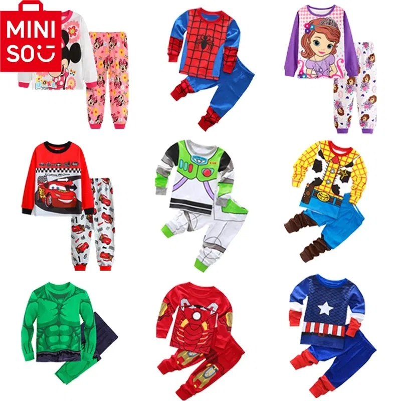 Color: Brown, Kid Size: 5 - MINISO Disney Boys Girls Pajamas Sets Kids Toddler 2 to 3 4 5 6 7 Years Cotton Long Sleeve Spring Fall Children Homewear Pijamas