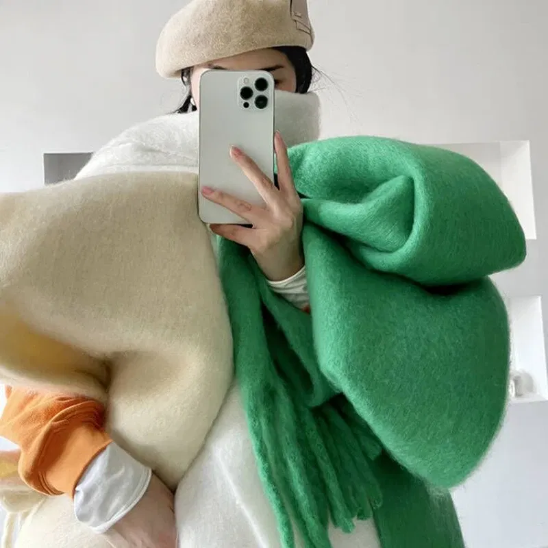 Color: green, Size: One Size - Solid Color Women Thick Shawl Scarf Winter Warm Fashion Pashmina Scarves Long Tassel Hijab Stole Bufanda Mujer