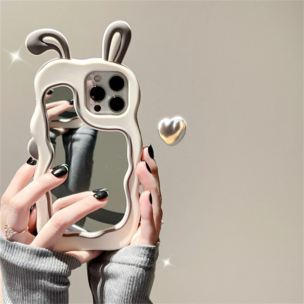 Color: Pink, Material: Microfiber - Cute Bunny Ears Mirror Phone Case For iPhone 15 14 Plus 13 12 11 Pro Max Shockproof Silicone Case