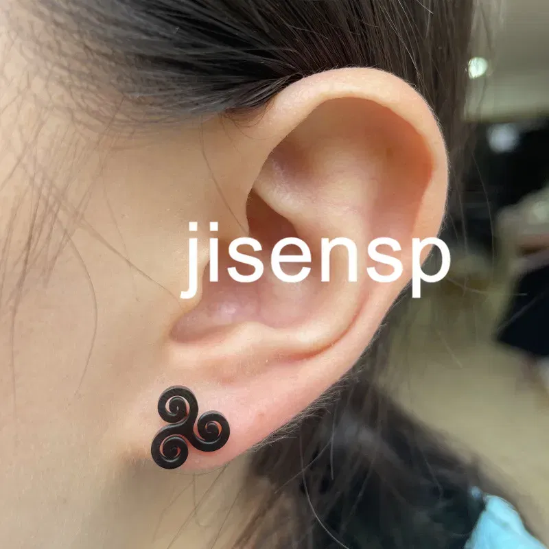 Metal Color: Rhodium Plated, Main Stone Color: Red - Cartoon The Movie Teen Wolf Triskele Triskelion Inspired Earrings Punk Stainless Steel Jewelry Triple Spiral Ear Studs Women Men