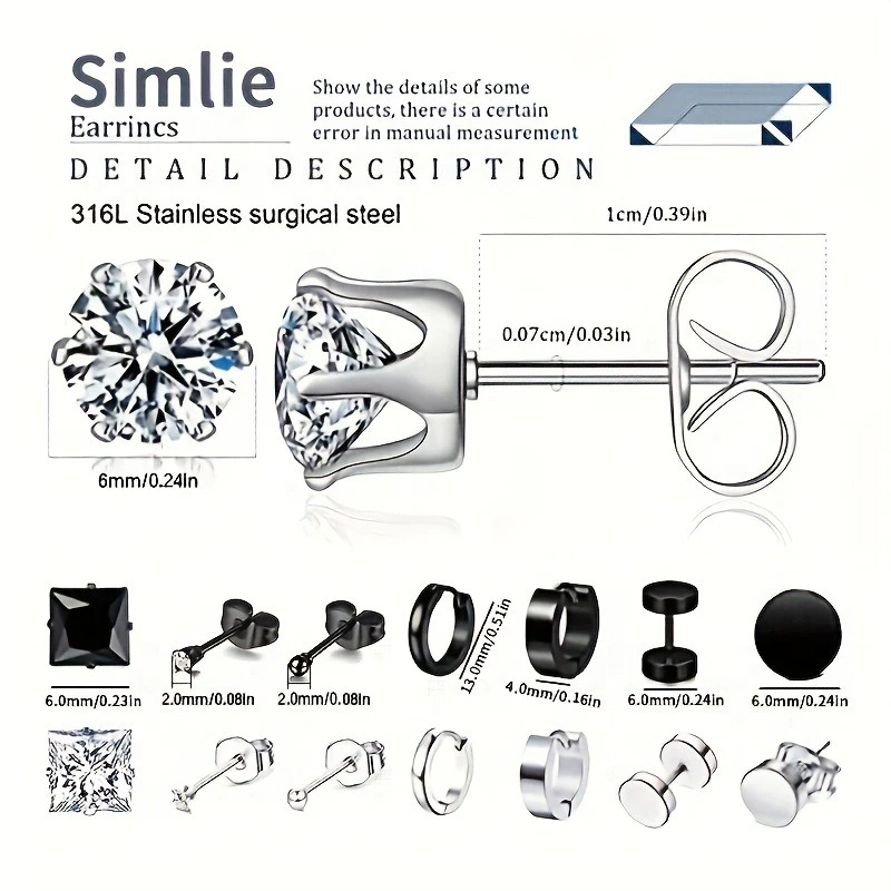 Metal Color: SILVER PLATED - 16pairs Stainless Steel Earrings For Men, CZ Black & Silvery Earrings Huggie Hoop Jewelry Earrings Set