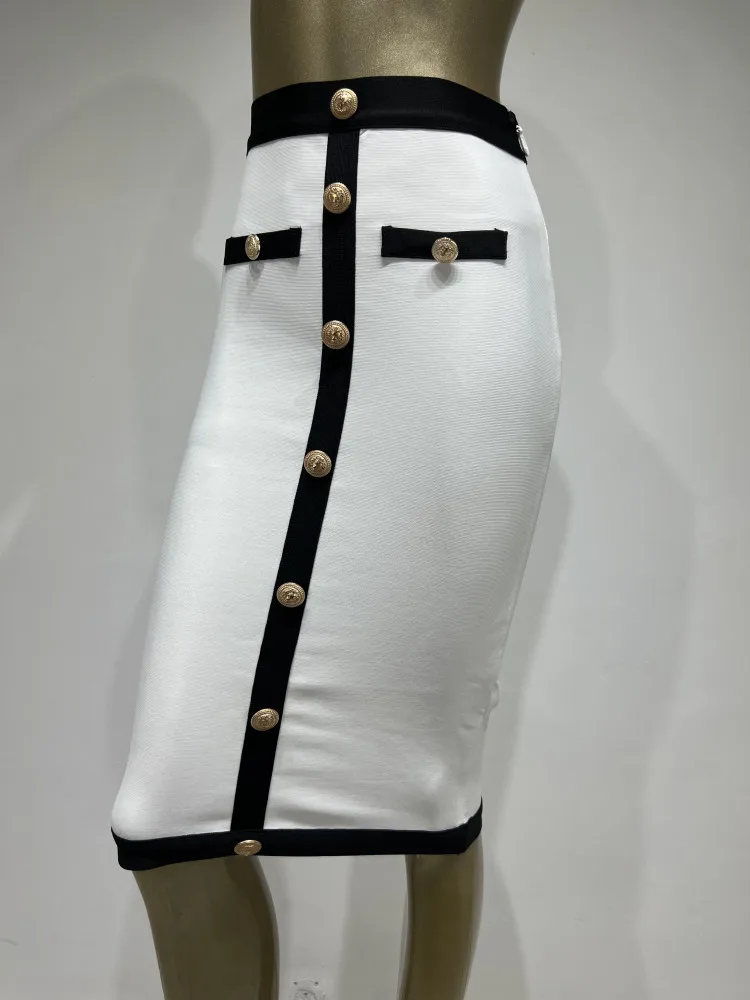 Color: WHITE, Size: XL - New Arrival Women Button Patchwork White Black Bodycon Bandage Skirt 2024 Designer High Waist Party Club Pencil Skirt 60cm