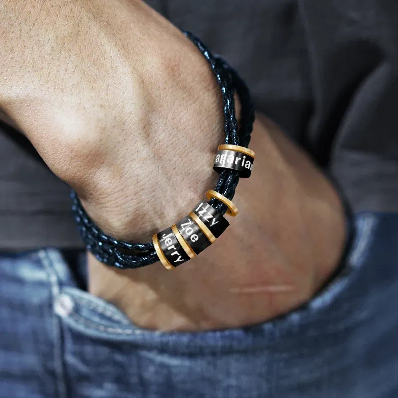 Metal Color: Steel color, Length: 21cm, Main Stone Color: WHITE - Personalized Names Men Leather Bracelet Braided Leather Bracelet Custom Family Names Bracelet Personalized Men Bracelet Gift