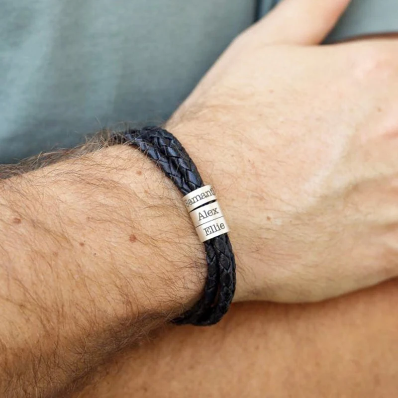 Metal Color: Steel color, Length: 21cm, Main Stone Color: WHITE - Personalized Names Men Leather Bracelet Braided Leather Bracelet Custom Family Names Bracelet Personalized Men Bracelet Gift