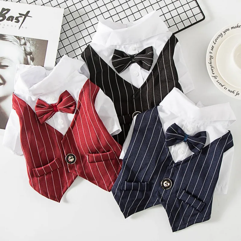 Color: Red, Size: S - Dog Gentleman Wedding Suit Clothes Dog Suit Bow Tie Clothes Halloween Christmas Costume For Small Dogs Teddy Bulldog