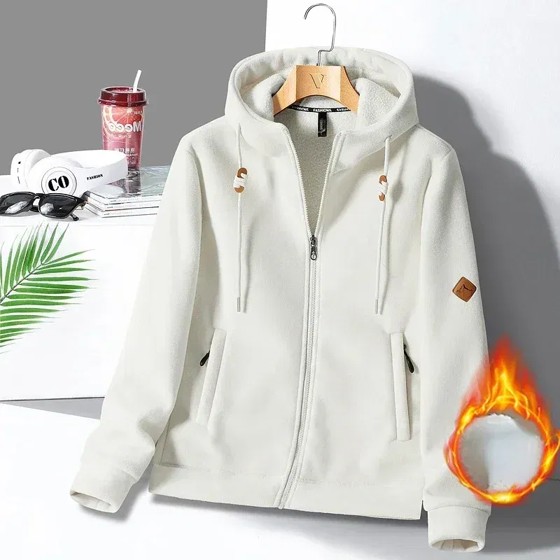 Color: Beige, Size: M - Winter Warm Cashmere Jacket Mens High-end Ski Fleece Iined Thickened Hoodie Coat Casual Womens Outdoor Camping Cold-proof Jacket