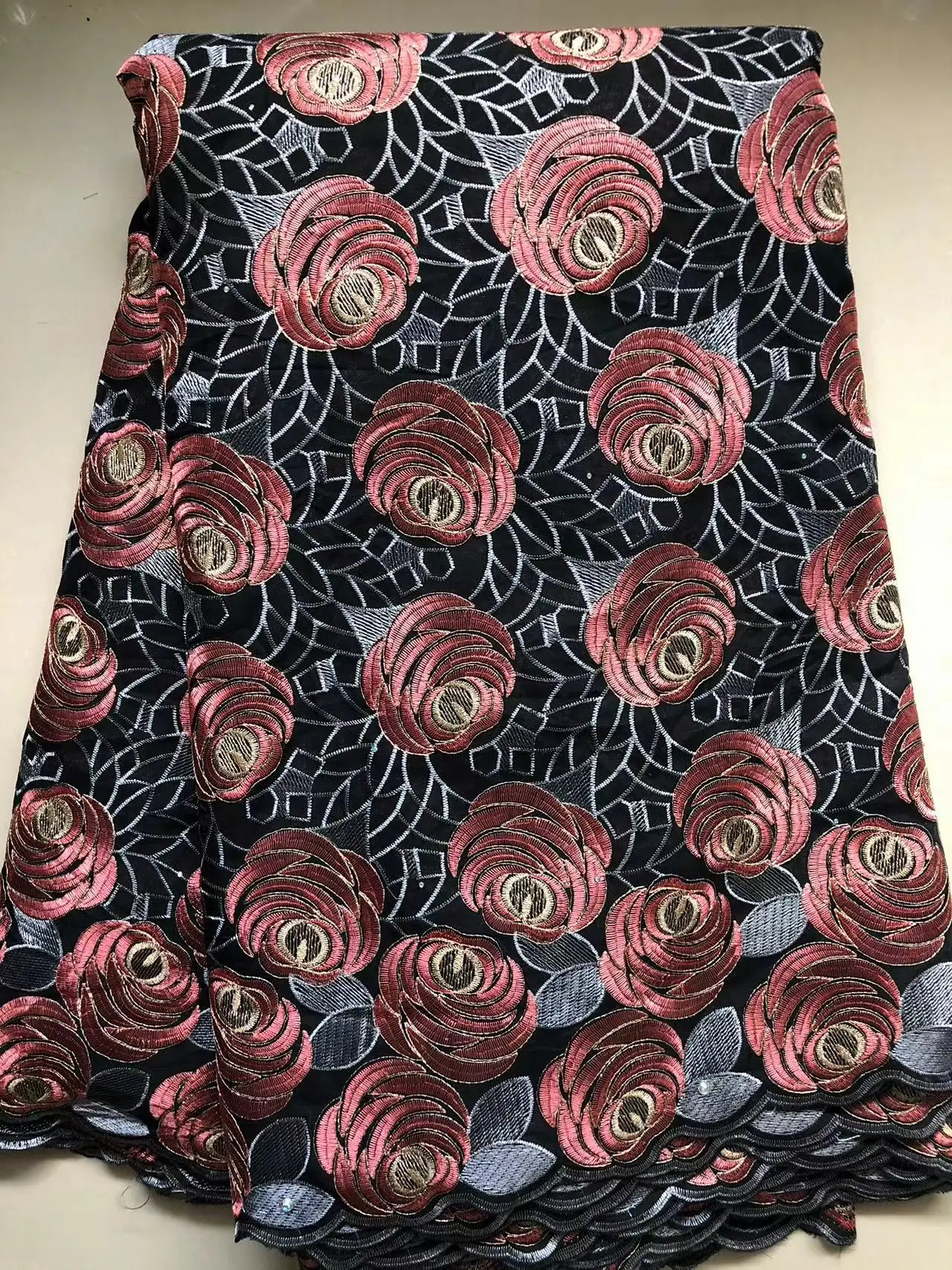 Color: Red, length: 5 yards, Width: 120cm - Wholesale Cotton African Lace Fabric 2024 High Quality Swiss Voile Lace Fabric Nigerian Dry Lace Fabrics With Stones For Wedding