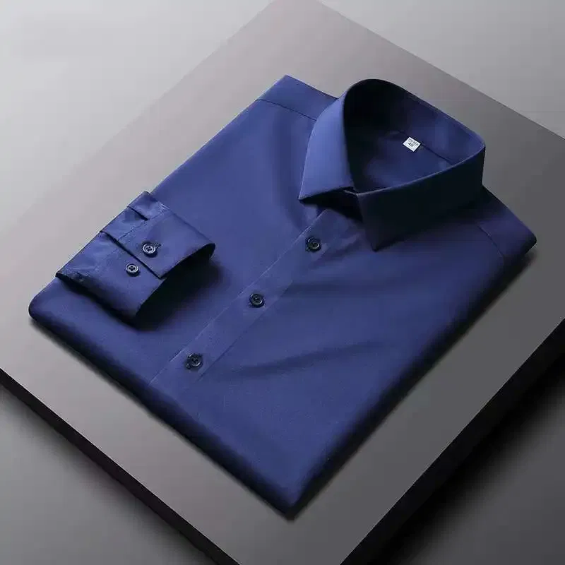 Color: Navy Blue?€ AE existing skus?‰, Size: 4XL - Men's Casual and Fashionable Long Sleeved Solid Color Shirt Non Ironing and Wrinkle Resistant Business Top