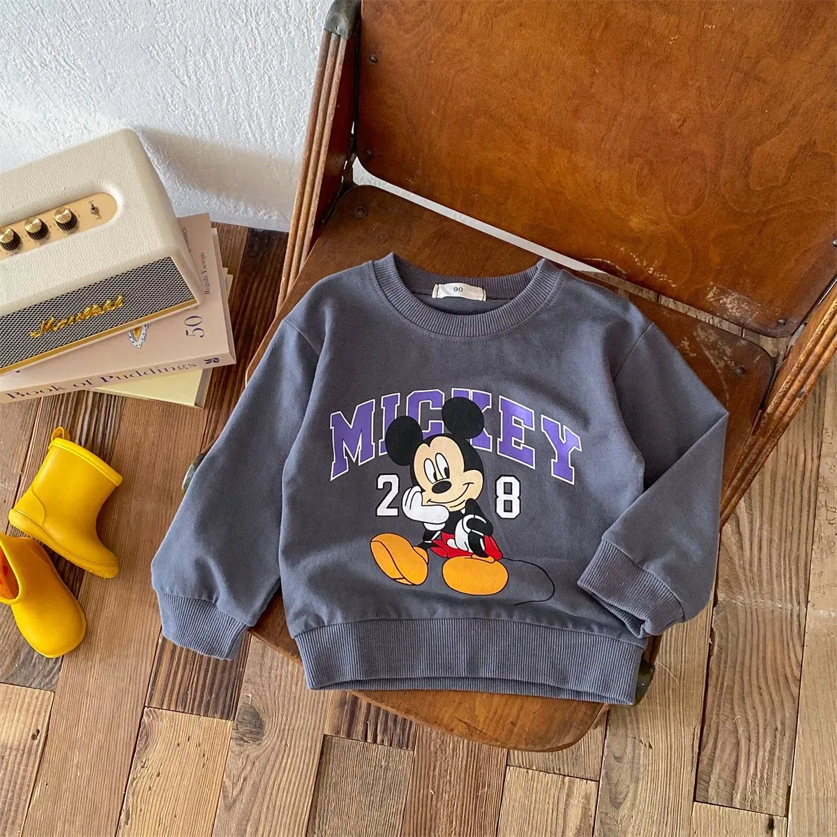 Color: Blue, Kid Size: 24M - Fashion Cartoon Printed Children Hoodies Crewneck Baby Boys Girls Long Sleeve Tops Loose Disney Kids Clothing Autumn Sweatshirts
