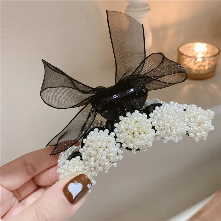 Autumn Pearl Bow Korean Hair Claw Clip