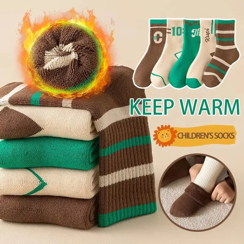 Color: Blue, Size: 7-9T - 5 Pairs/lot Children's Winter Socks Warm Baby Child Thicken Cotton Socks Boys Terry Socks Letter Pattern Thermal Socks