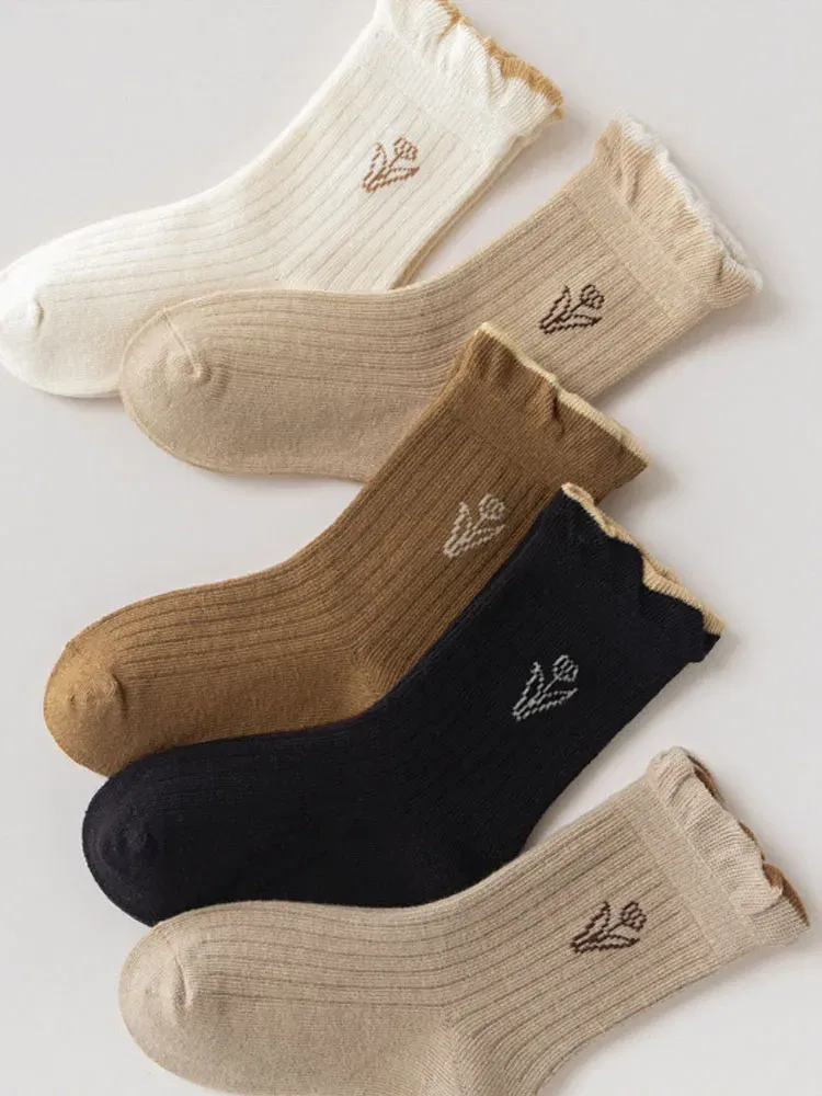 Color: black, Size: 10-12T - 3-12Y Girls Socks Spring Autumn Sweet princess Ruffle Medium Socks Cotton Socks 5 Pairs