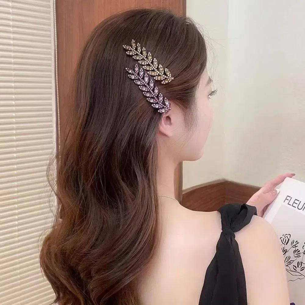 Color: Yellow - Fashion Mini Crystal Hair Pins Exquisite Rhinestone Ear of Wheat Duckbill Hair Clips Girl Side Barrettes