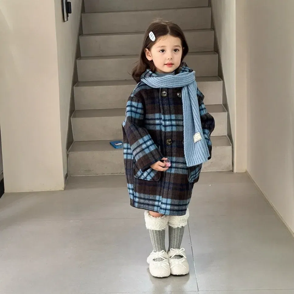 Color: Blue, Kid Size: 5T - Children's Coats Plaid Printed Woolen Padded Hooded Coat Kids Jackets for Girls Winter Clothes Kids Jacket
