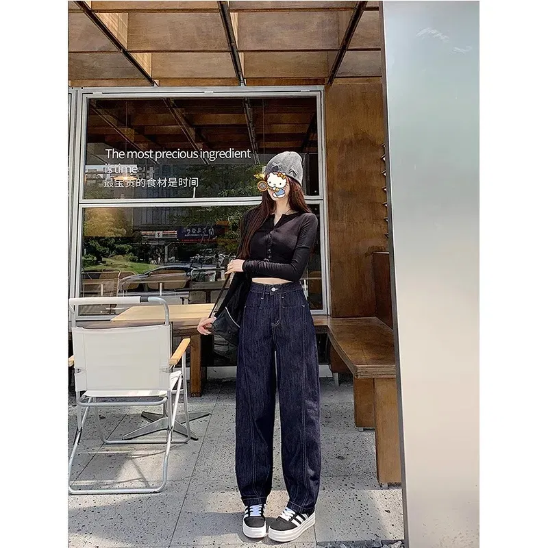 Color: Ivory, Size: L - Retro wide leg jeans women's 2025 new high waist small figure chubby girl versatile four seasons slimming straight leg pants