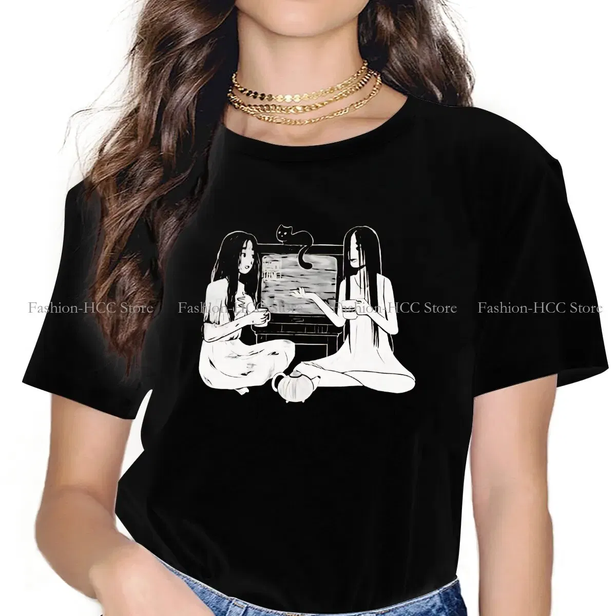 Color: WHITE, Size: M - Sadako And Kayako Tea Time Newest Polyester TShirts Ju On The Grudge Movie Momen Graphic Tops T Shirt O Neck