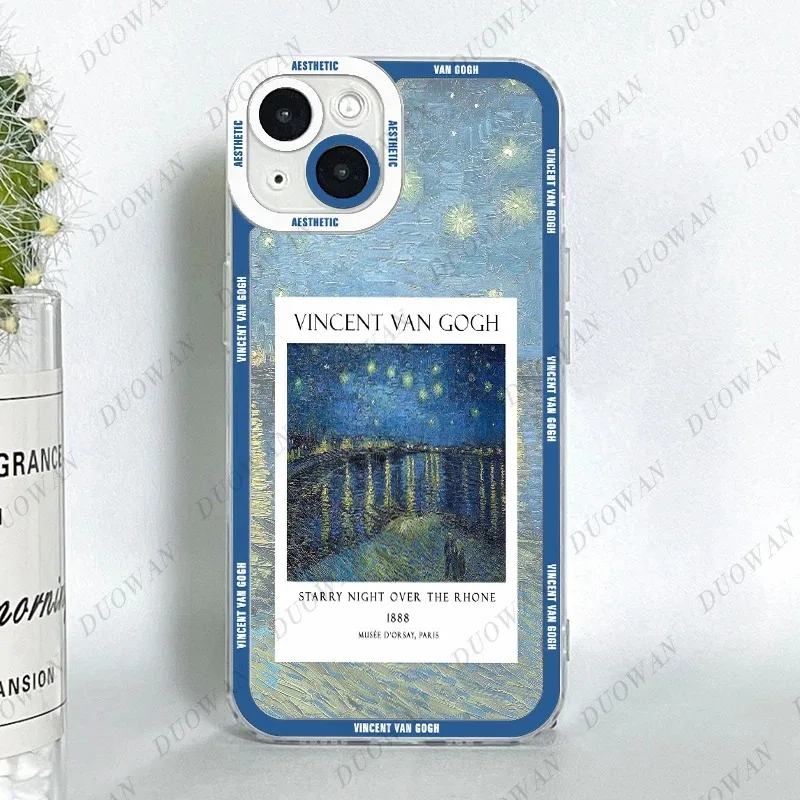 Color: Beige, Material: Vinyl - Van Gogh Oil Painting Phone Case For iPhone 11 12 13 14 15 16 Pro Max XR X XS Mini 8 7 Plus SE 2020 2022 Transparent Case