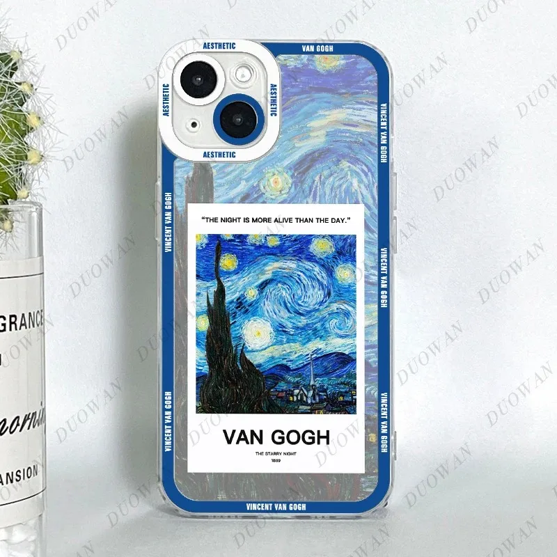 Color: Beige, Material: Vinyl - Van Gogh Oil Painting Phone Case For iPhone 11 12 13 14 15 16 Pro Max XR X XS Mini 8 7 Plus SE 2020 2022 Transparent Case