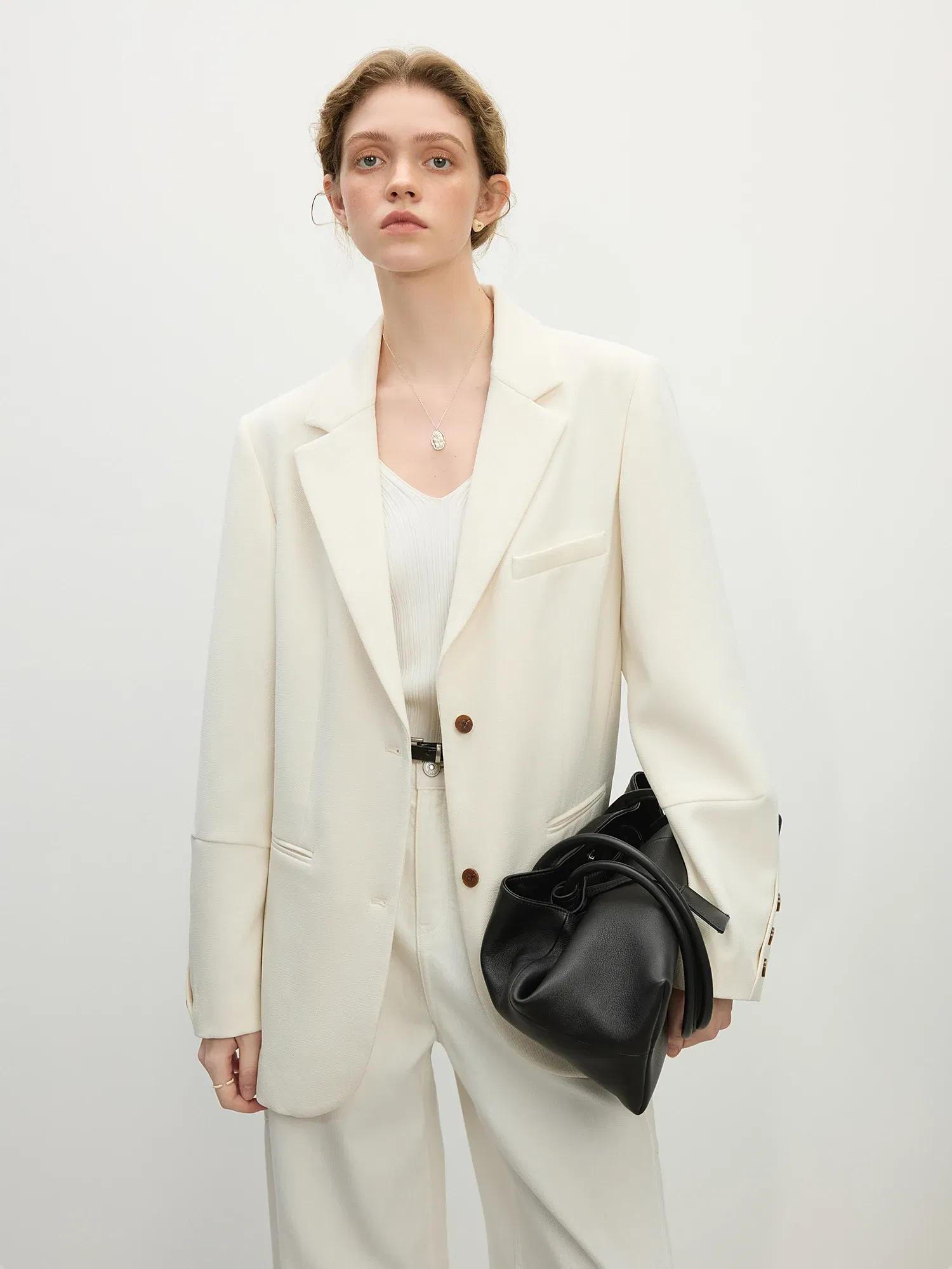 Color: WHITE, Size: M - FSLE Women Beige Blazer Coats 2025 Spring New Casual Commuter Loose Blazer Notched Collar Single Breasted Jackets 25FS11064