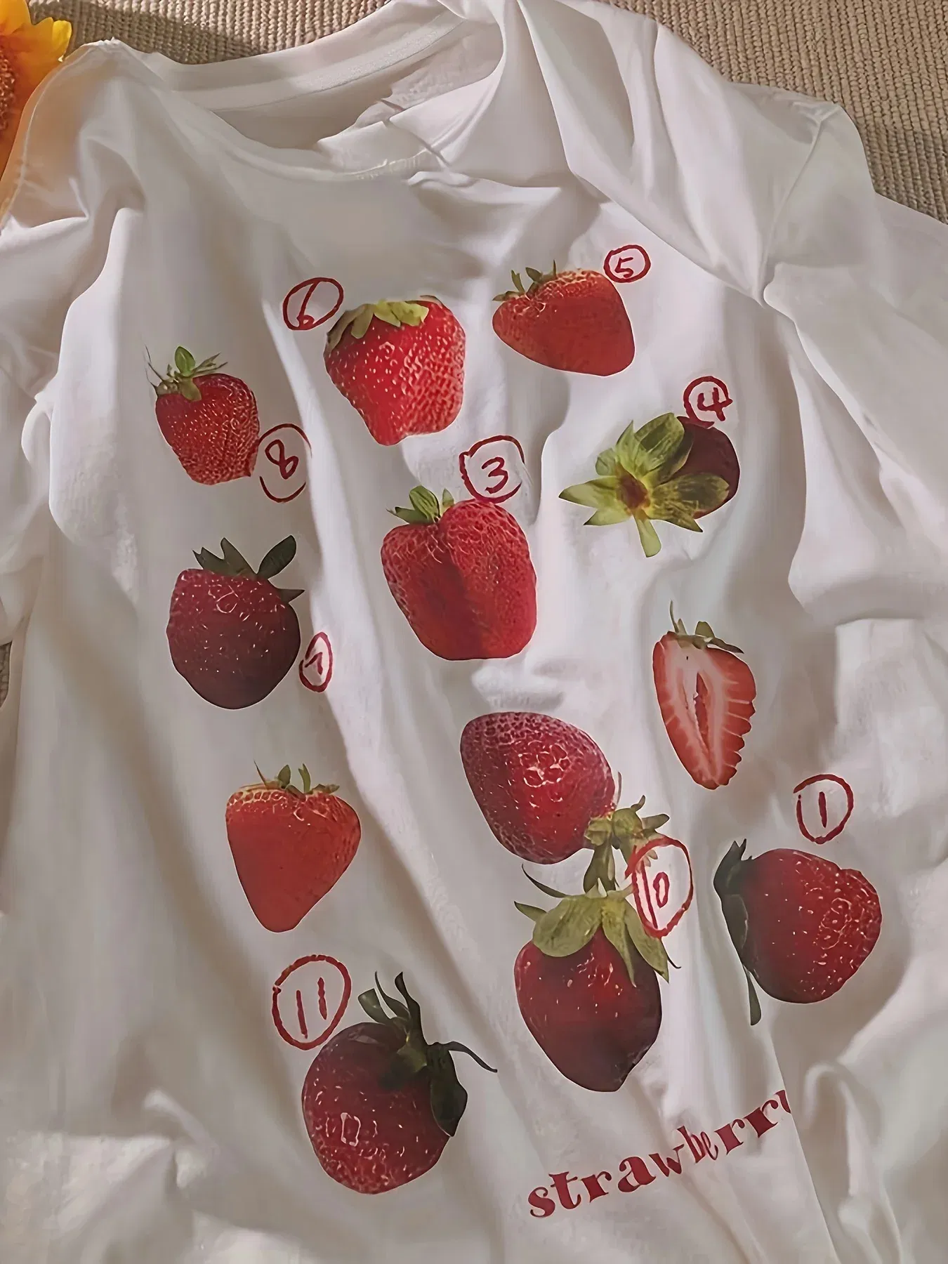 Color: Light Yellow, Size: M - 100% Cotton Women T-shirt Cute Fresh Strawberries Printed Tee Shirt Summer Comfortable Loose Tops Street Fashion Female Clothes
