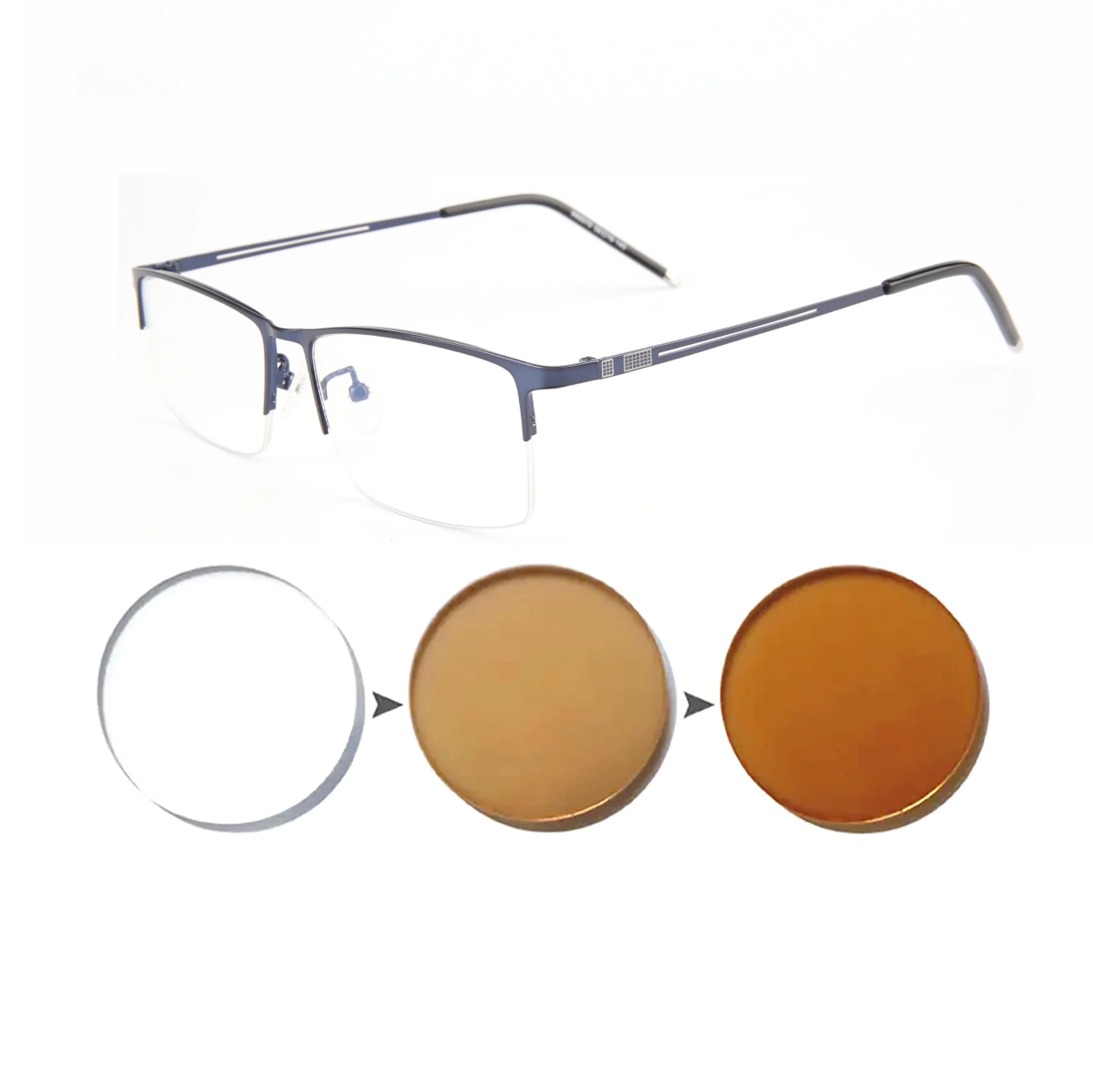 Frame Color: Khaki, Eye Prescription: +375 - Sun Photochromic Finished Myopia Glasses Women Men Metal Half Frame Chameleon Short-sight Eyewear0 -0.5 -0.75 -1.0 To -6.0