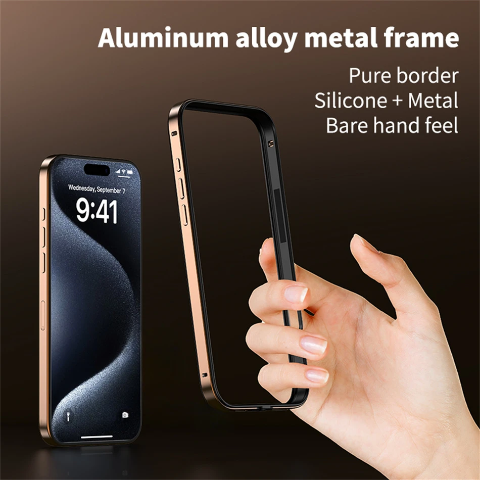 Color: Brown, Material: EVA - Titanium Metal Frame Bumper Shockproof Case for IPhone 16 15 Pro Max Plus 5G for Apple Solid Colour Protection Phone Cover