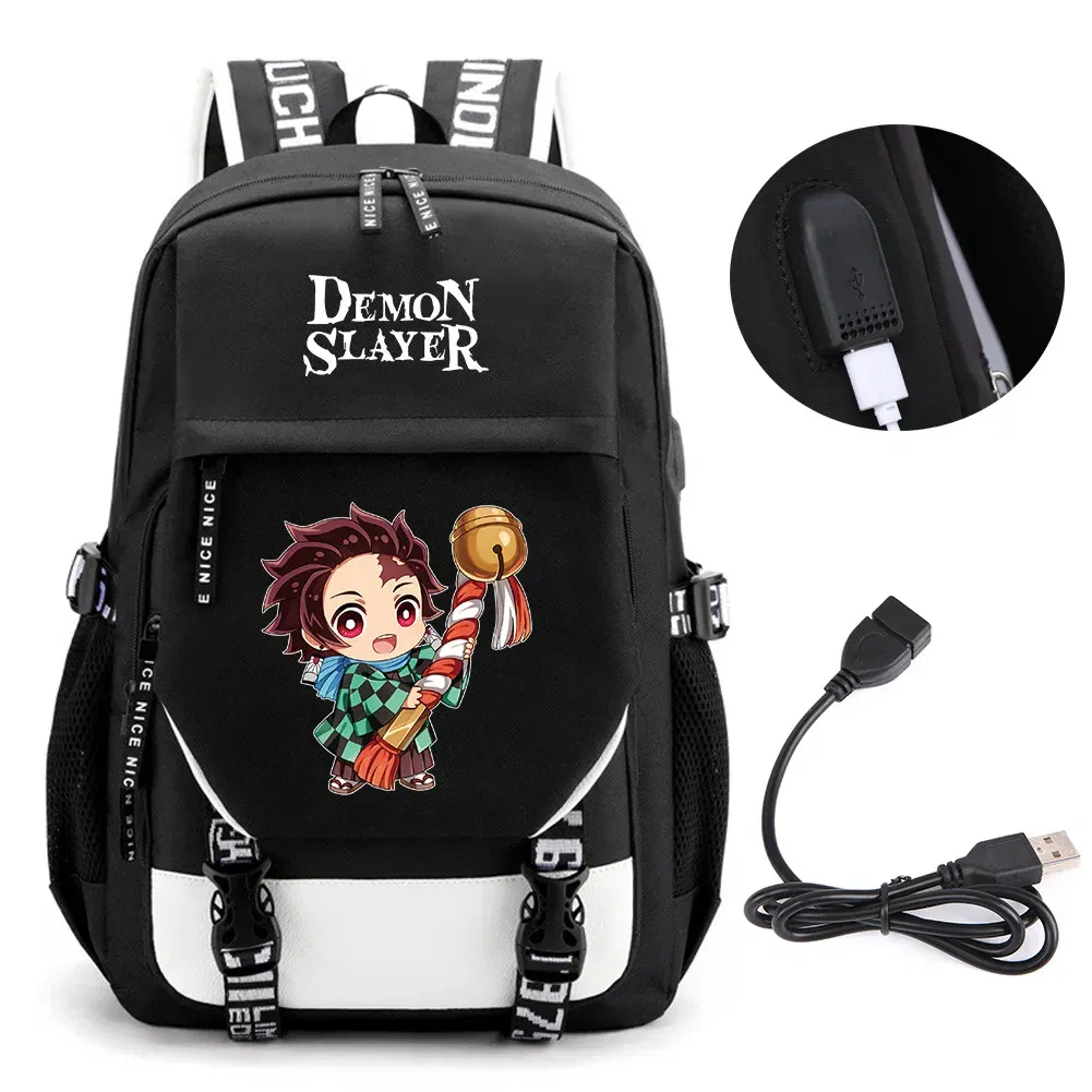 Color: Light Grey - Anime Demon Slayer Kamado Nezuko Backpack School Book Bags Mochila Travel USB Port Bag Laptop Boy Girls Gift