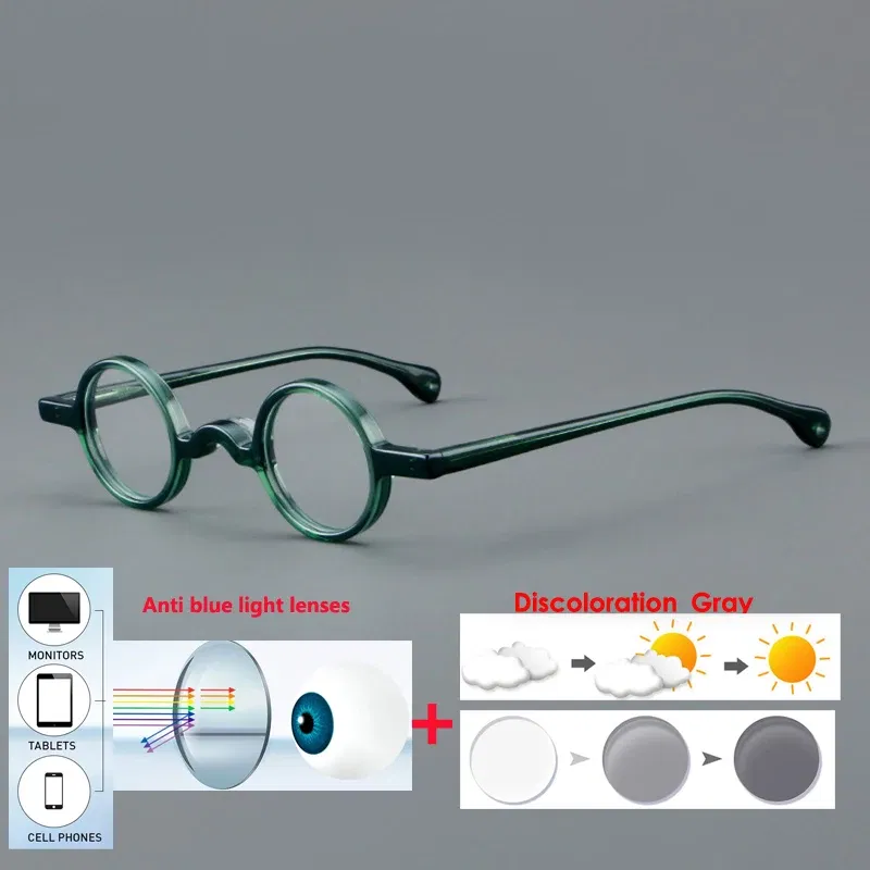 Frame Color: Dark Brown, Eye Prescription: +275 - VCKA Photochromic Acetate Myopia Glasses Men Retro Small Round Frames Women Custom prescription Anti-Blue Eyewear -0.5 TO -10