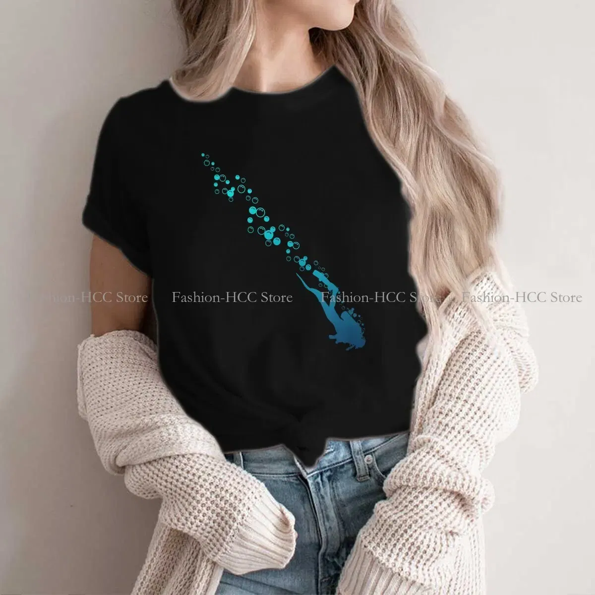 Color: black, Size: XXL - Blue Diver Hipster Polyester TShirts Dive Scuba Diving Female Harajuku Streetwear T Shirt O Neck