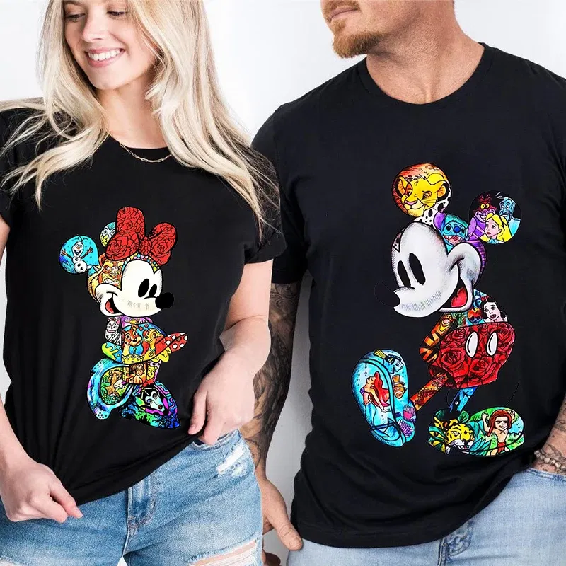 Color: Blue, Size: S - Disney Couples Mickey Mouse Minnie Print T-shirt Couples Men's and Women's Cotton Short Sleeve Casual Tops