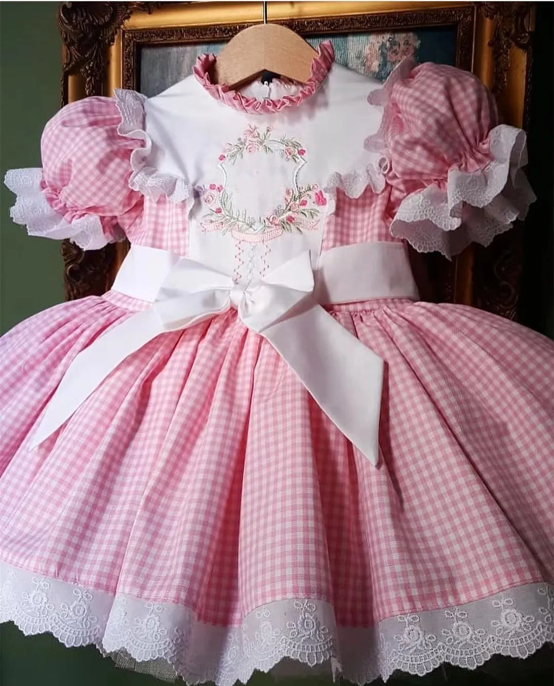 Color: Beige, Kid Size: 8 - Baby Summer Pink Plaid Flower Embroidery Turkish Princess Dress for Birthday Wedding Baptism Holiday Casual  B138