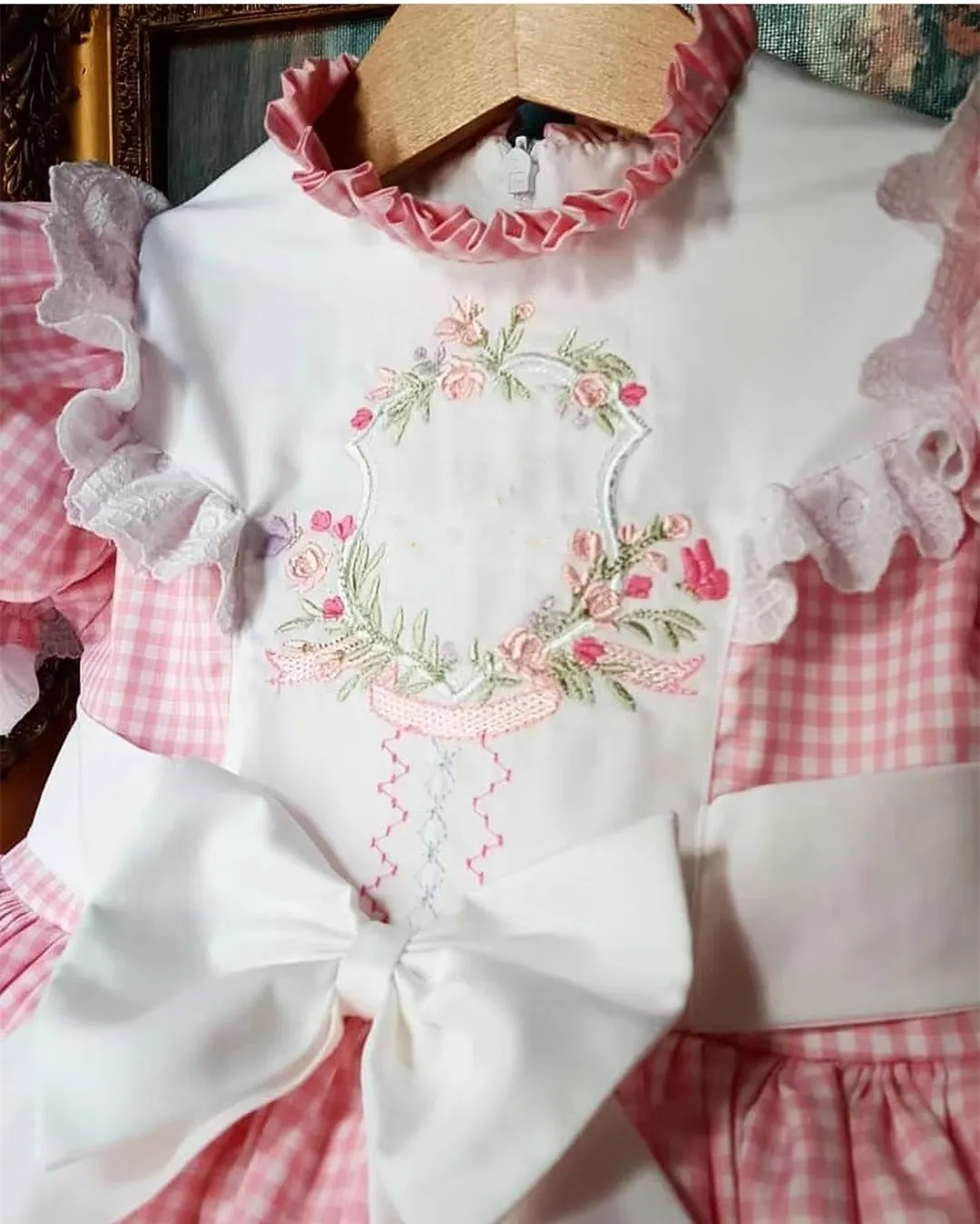 Color: Beige, Kid Size: 8 - Baby Summer Pink Plaid Flower Embroidery Turkish Princess Dress for Birthday Wedding Baptism Holiday Casual  B138
