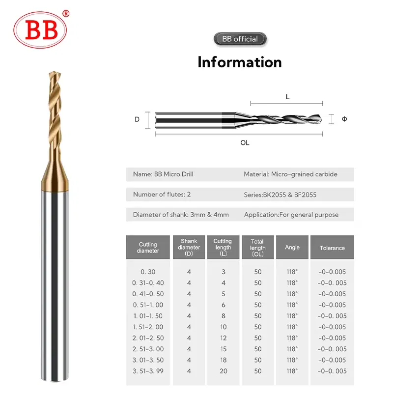 Hole Diameter: 3.7mm - BB 2.03-3.75mm Micro Drill Mini Coated Solid Carbide Bit Metal Iron Steel Hole Drilling 3xD Cutting Length D=4mm CNC Tool 1pcs