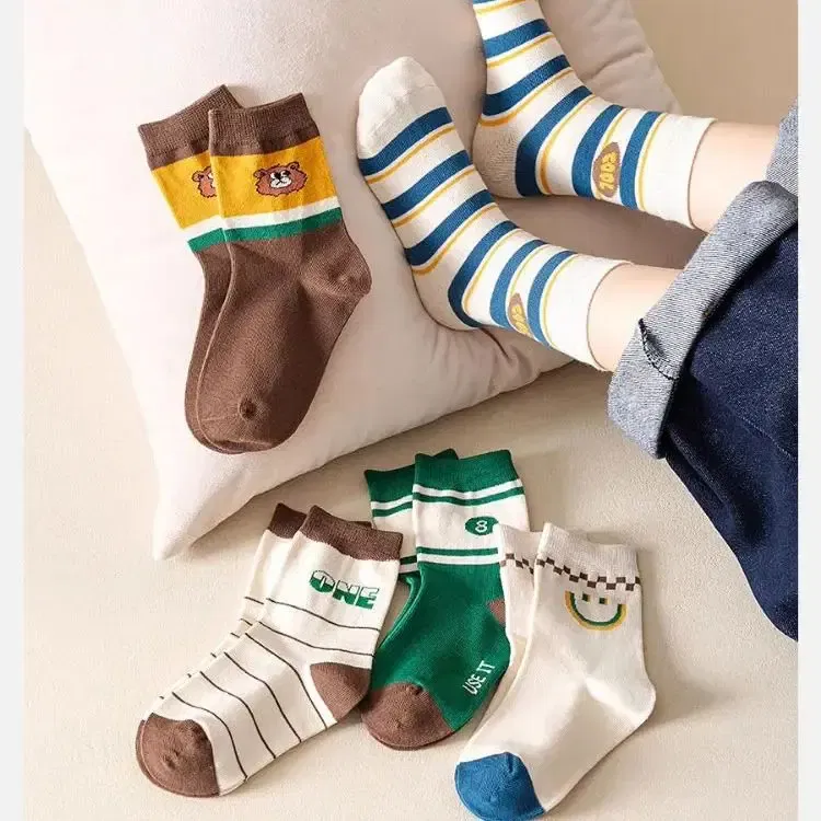 Color: Beige, Size: 10-12T - Boys Socks Spring Autumn Children Cotton Socks Baby 1-12 year-old Kids Cotton Socks Warm Cozy Calf Sock 5 Pairs/bag