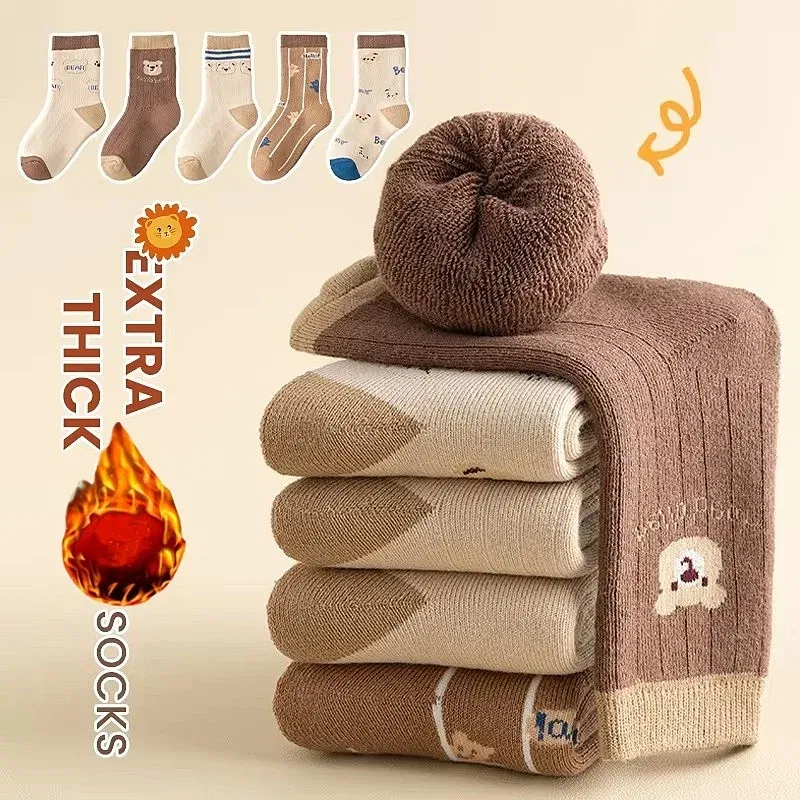 Color: black, Size: 10-12T - 1-14T  Children Winter Warm Socks Kids Boys Thicken Cotton Socks Thermal Winter Socks Baby Cartoon Bear Pattern Terry Sock