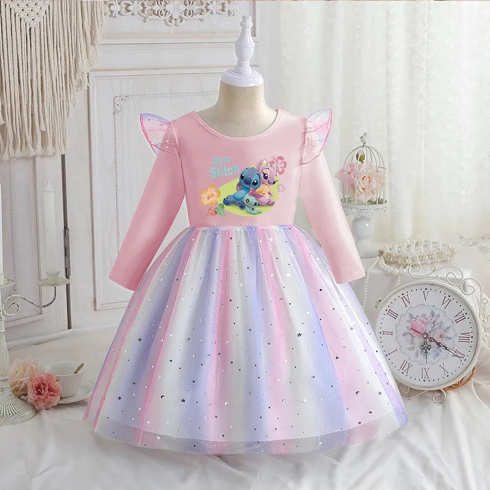 Color: Red, Kid Size: 5 - Stitch Princess Dress Autumn New Disney Baby Girls Dress Spring Autumn Long-sleeved For Children Kids Clothes Birthday Party