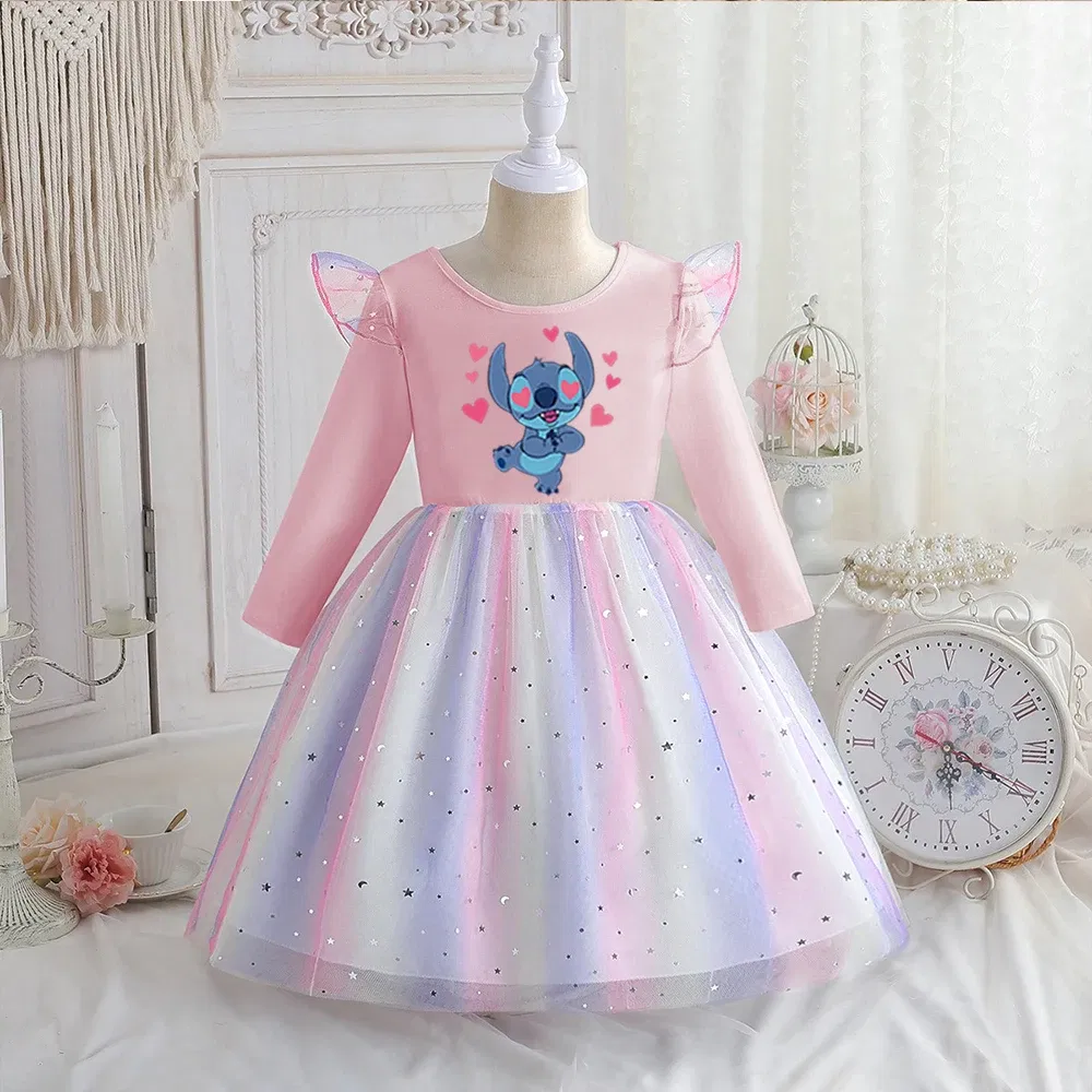 Color: Red, Kid Size: 5 - Stitch Princess Dress Autumn New Disney Baby Girls Dress Spring Autumn Long-sleeved For Children Kids Clothes Birthday Party