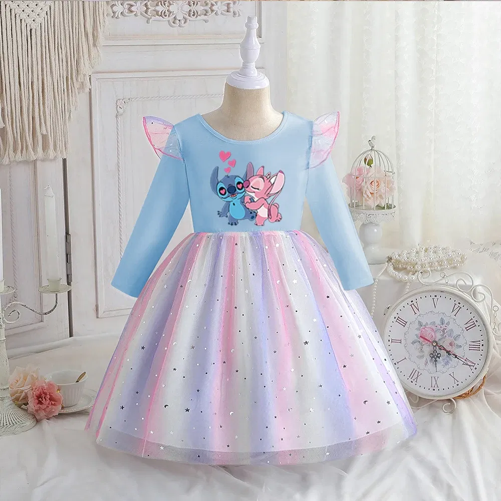 Color: Red, Kid Size: 5 - Stitch Princess Dress Autumn New Disney Baby Girls Dress Spring Autumn Long-sleeved For Children Kids Clothes Birthday Party