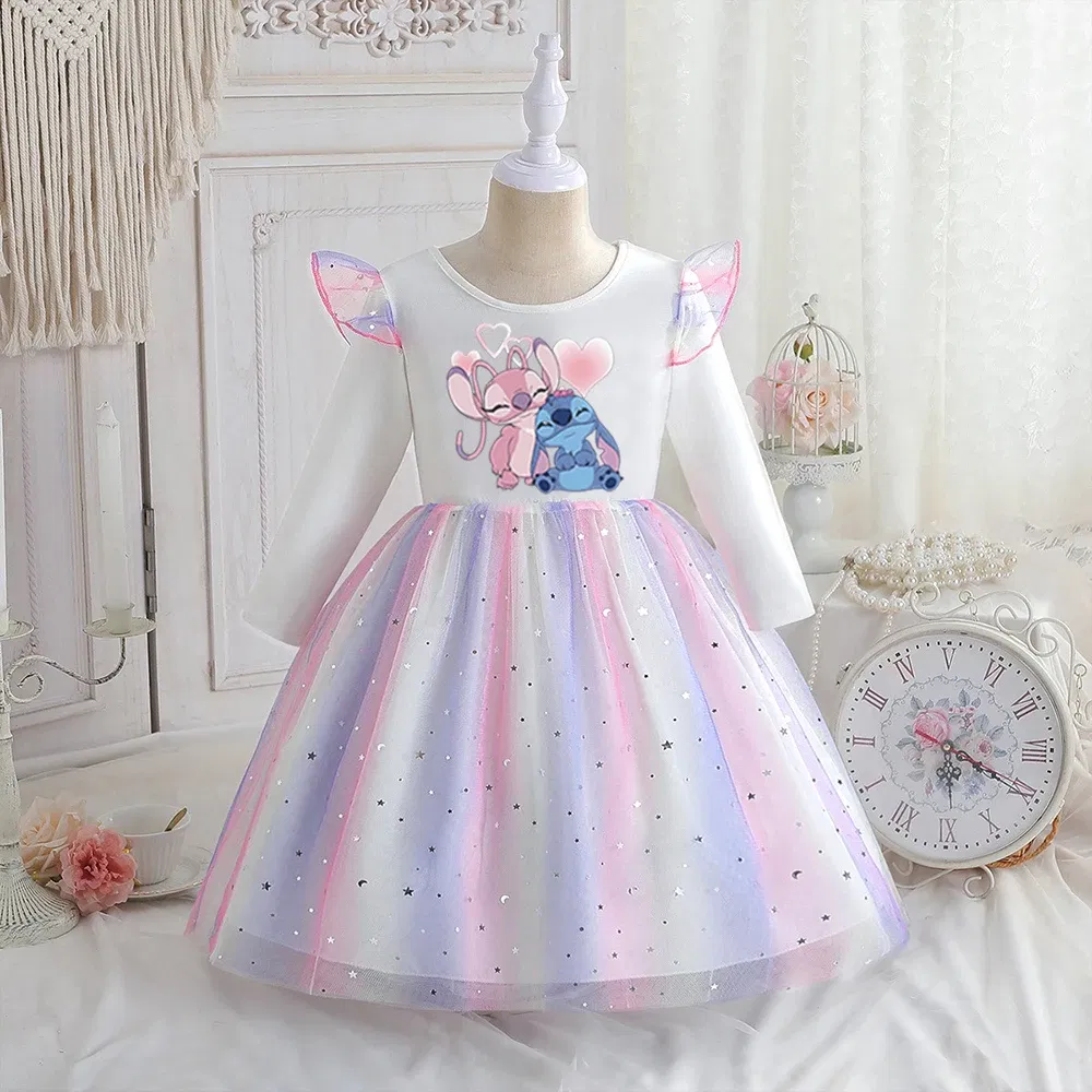 Color: Red, Kid Size: 5 - Stitch Princess Dress Autumn New Disney Baby Girls Dress Spring Autumn Long-sleeved For Children Kids Clothes Birthday Party