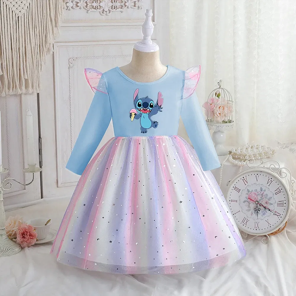 Color: Red, Kid Size: 5 - Stitch Princess Dress Autumn New Disney Baby Girls Dress Spring Autumn Long-sleeved For Children Kids Clothes Birthday Party