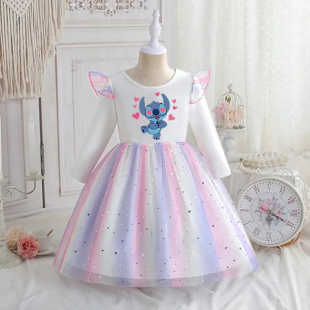 Color: Red, Kid Size: 5 - Stitch Princess Dress Autumn New Disney Baby Girls Dress Spring Autumn Long-sleeved For Children Kids Clothes Birthday Party